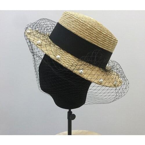 01812-xu2019-1 new STRAW paper mesh pearl lady fedoras hat women leisure panama cap