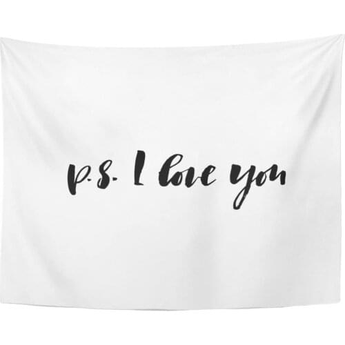 Word P I Love You Ink Modern Calligraphy Black and White with Lettering Slogan Heart Tapestry Home Decor Wall Hanging for Living