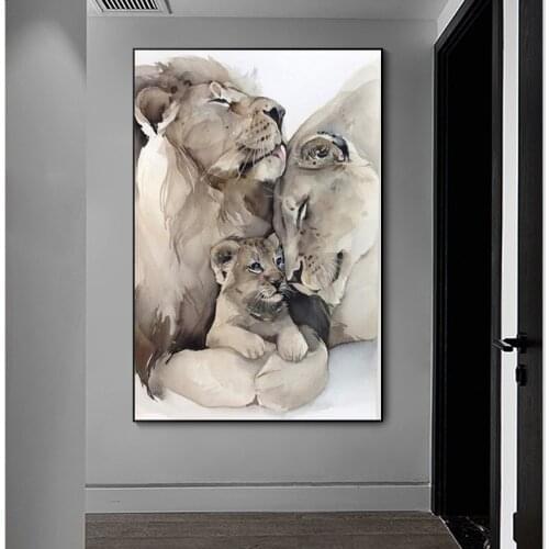 Modern Animal Loving Lion Family Canvas Painting Posters Prints Wall Art Pictures for Living Room Home Wall Decoration Cuadros