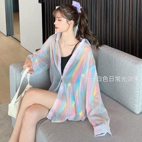 Womens Blouse Coat Colorful Rainbow Striped Long Sleeves Loose Sun-protective Clothing Wholesale Shirt New Fashion Lady Clothes