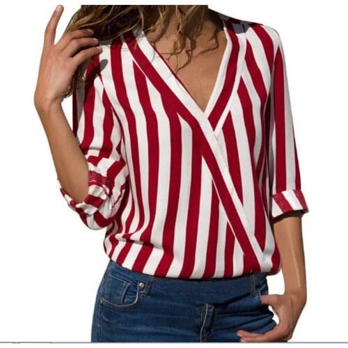 2021 New Blouse Women Casual Striped Print Top Shirts Blouse Female Loose Autumn Large Size Office V-neck Long Sleeve Blouses