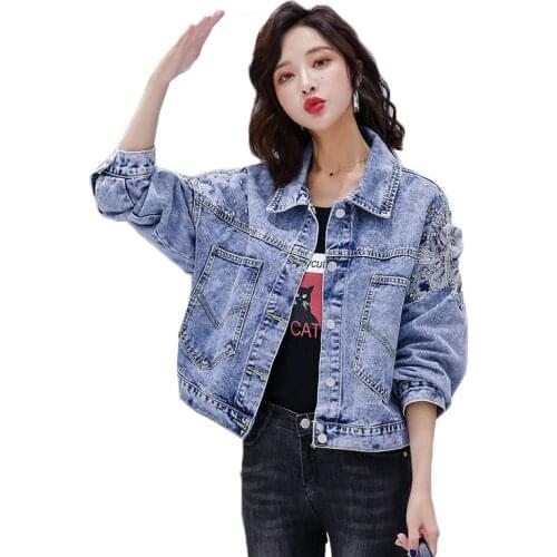 Autumn Women Embroidery Flowers Pearl Bead Short Denim Coat Woman Long Sleeve Jean Jacket Loose Causal Fashion Tops Clothes Y23