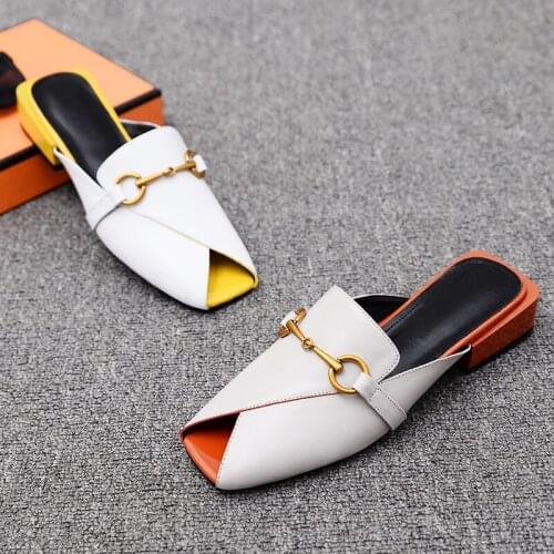 2020 Joker wearing semi-slippers female online celebrity ins tide flat spring and summer new leather fish mouth slippers Muller