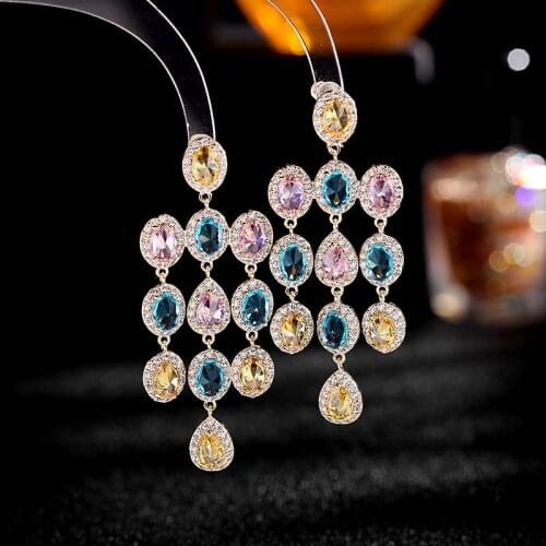 European And American Micro-Inlaid Color Gem Long Tassel Retro Earrings Exaggerated Elegant Sweet Ear Jewelry Female