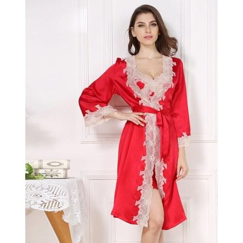 New 100% Silk Satin Solid Women Lace Robe & Gown Sets Bathrobe Sexy Robes with Sash Lace Gowns sp0103