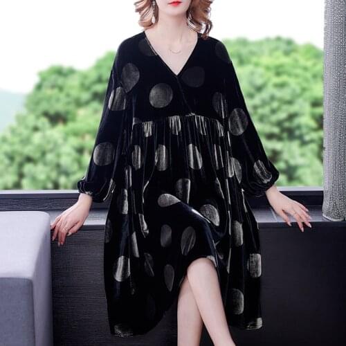 ZUOMAN New Women Black Velvet Dot Loose Midi Dress Elegant Bodycon Party Runway Vestidos Sping Autumn Vintage Casual Dress