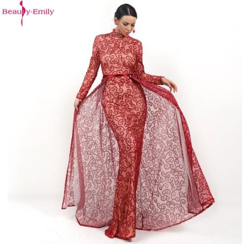 Beauty-Emily High O Neck Sequins Appliques Evening Dresses Long Sleeves Muslim Party Dress Winter Shine Crystal robe de soiree
