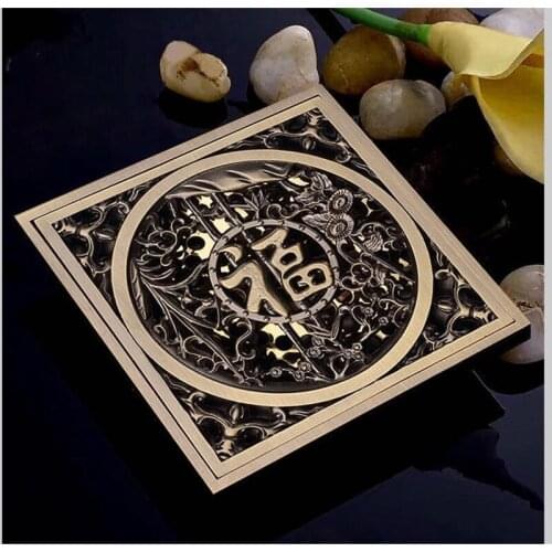 10x10cm European Style Antique Brass Carved Word "Fu"/flower European Style Floor Drain Filter Hair Foreign Body Floor Drain