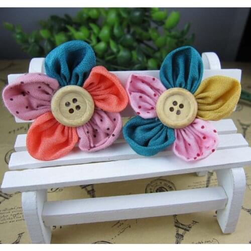 Free shipping!30pair/lot five petal cloth flower with wooden button hair accessory 2color for your choose
