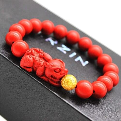 Pixiu Natural Stone Bracelet Men Women Chinese Feng Shui Pi Xiu Red Beads Wristband Gold Wealth and Good Lucky Unisex Bracelets