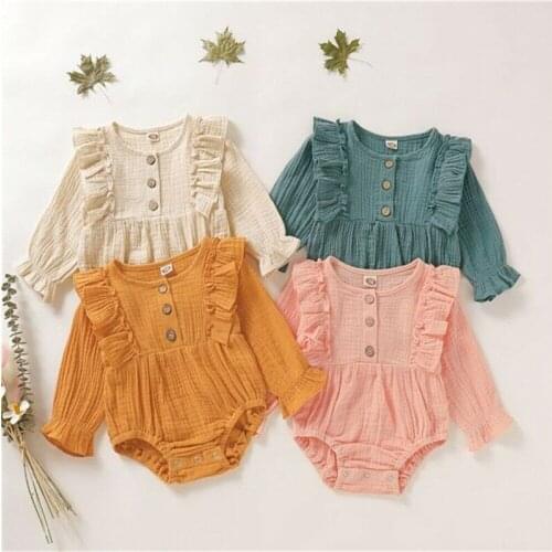 2019 Autumn Newborn Infant Baby Girls Infant Long Sleeve Rompers Pleated Button Jumpsuit Cotton Linen Girls Clothes Outfits