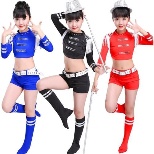 2PCS/SET Black Sequins Kids Hip Hop Jazz Dance Costume Suit Girl Cheerleading Clothes Children Stage Dancewear Modern Dress