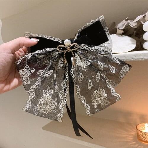Oversize Lace Bow Hair Clip Barrette New Royal Pearl Embroidery Large Size Bowknot Hair Accessories Alloy Spring Clip Wholesale