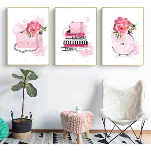 Fashion Books Perfume Handbag Poster Prints Personalized Fashion Decor Pink Watercolor Flowers Canvas Painting Home Decor