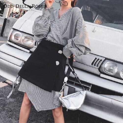 OddDellaRobbia Fashion Women Irregular Tailoring Sexy V Neck Dress Suit Long Sleeve Half Length Skirt Two Piece Suit 486