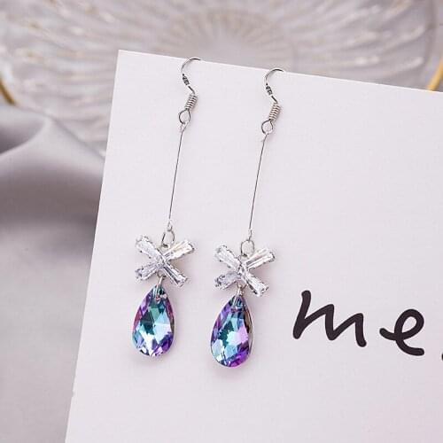 2020 New Fashion Purple Crystal Bowknot Earrings for Women Trendy Korean Sparkly CZ Zircon Long Drop Earring Party Jewelry Gift