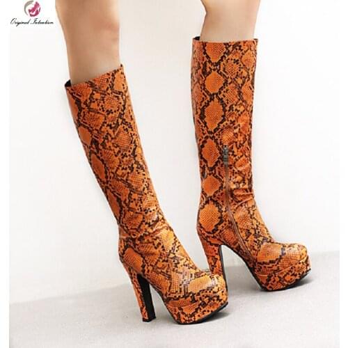 Sexy Round Toe Winter Women Long Boots Fashion Snakeskin PU Leather Knee High Boots Woman Night Club Dancing Shoes US Size 3-16