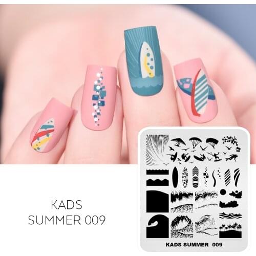 KADS Nail Stamping Plates Summer 009 Sea Surfing Parasailing Seagull Waves Coconut Grove Image Manicure Template Stencil Tool