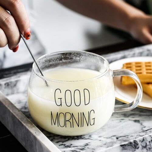Clear Glass Cup Simple Letter Printed Glass Mug with Lid and Handle Anti-scalding Explosion-proof Breakfast Milk Round Cup