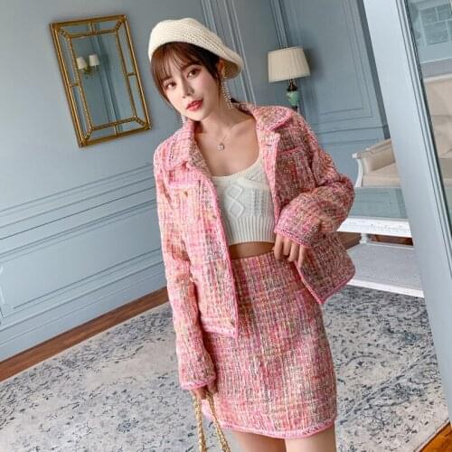 Autumn winter women elegant skirt suit womens short Tweed Blazers jacket coat&skirt two-piece set Womens Sets 2 piece outfits