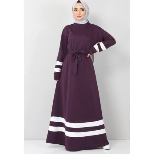 Şeritli Tesettür Elbise TSD10486 Mor