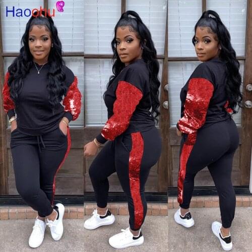 HAOOHU Womens Sequin Tracksuits Womens Set Autumn Outfits Long Sleeve Pullover Top+Pant Sweat Suit 2 Piece Sets Sweatsuit
