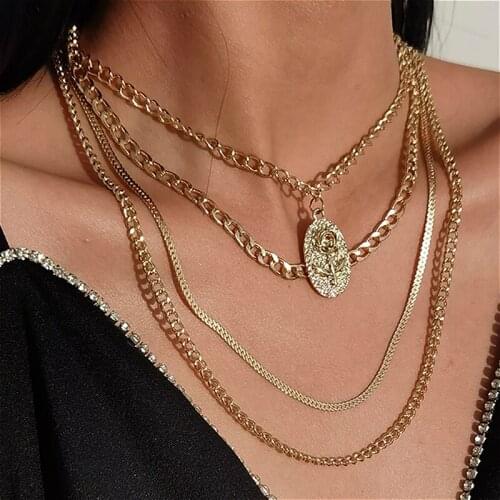 Trendy Gold Color Multilayer Chain Necklace For Women Geometric Carving Rose Pendant Choker Necklaces Jewelry