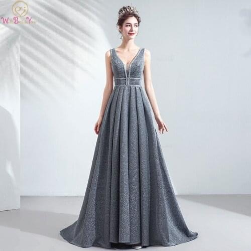 Silver Evening Dresses 2020 A Line Reflective Fabric Beaded Pleats V Neck vestidos de noche elegantes Prom Gown Walk Beside You
