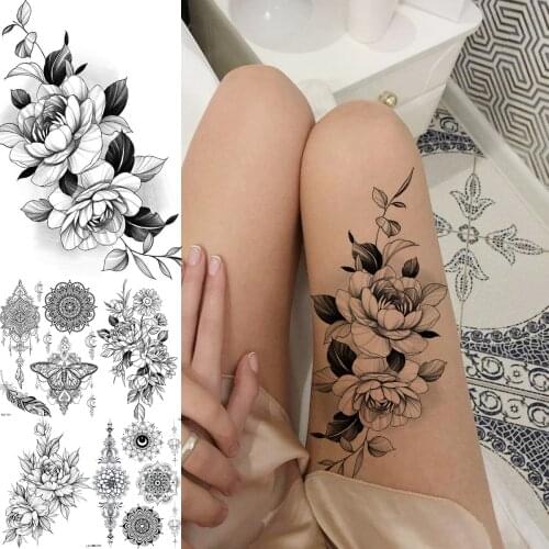 3D Black Rose Flower Temporary Tattoos For Women Adult Thigh Feather Daisy Fake Tattoo Sticker Fashion Washable Tatoo Decal