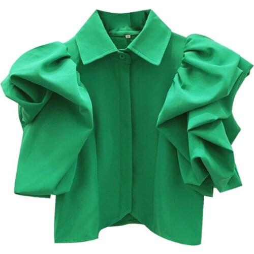 Puff Sleeved Chiffon Women Shirts 2020 Summer New Design Solid Green Short High Waist Lady Elegant Shirts Outwear Coat Tops