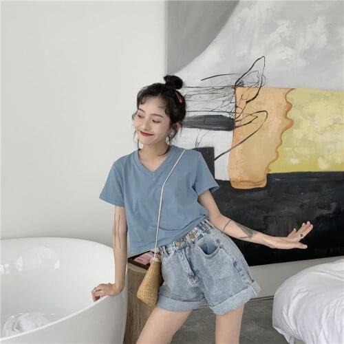 Woman Tshirts Summer Short-Sleeved T-shirt Womens Loose V-neck Short Top Tops Mujer Camisetas