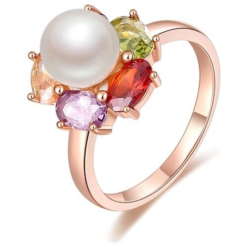 2021 New Rose Gold Pearl Rings For Women Colorful AAA Crystal Zircon Flower Rings Wedding Engagement Party Jewelry Gift