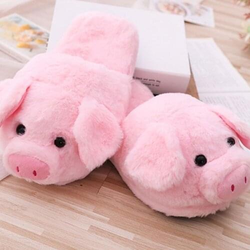 Q39C Womens Winter Cute Pink Little Pig Animal Cartoon Plush Slippers Funny Non-Slip Furry Fluffy Flat Indoor Warm Shoes