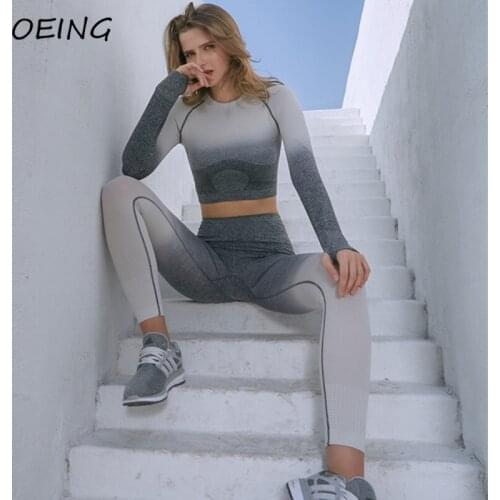 Workout Yoga Womens Two Piece Sets Yoga Long Sleeve Tops and Seamless Leggings Sport Sets