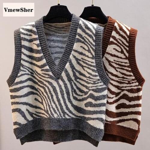 VmewSher Striped Women Sweater Vest Autumn Spring Fashion Zebra Print Sleeveless Knit Pullover Short Vintage Knitwear Jumper Top