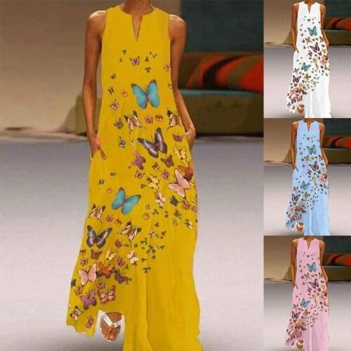 Womens Printed Colorful Butterfly Group V Neck Dress Women Off Shoulder Dress Summer Loose Sleeveless Maxi Dress Plus Size