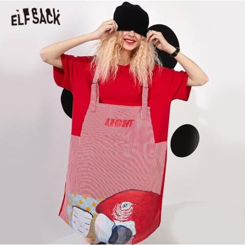 ELFSACK Funny Graphic Print Casual Overall Dresses Women,2021 Spring ELF Vintage Short Sleeve Korean Ladies Daily 2-IN-1 Dress