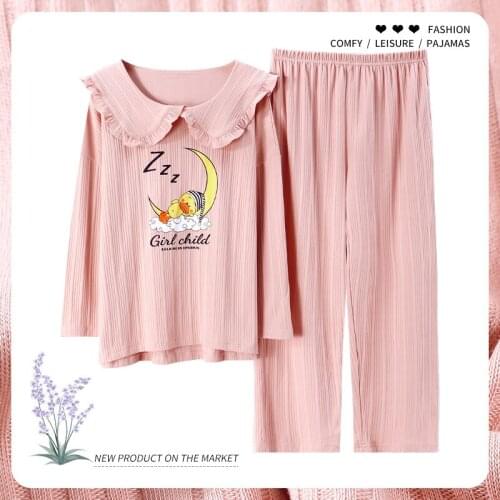 Winter Women Pajamas Set Kawaii College Style Pink Doll Collar Girl Sleepwear Cotton Warm Long Sleeve Cartoon Cute Women Pajamas
