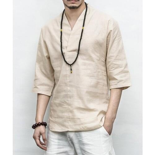 2020 Summer Ancient Style Cotton Linen Shirt V-Neck Short Sleeve Men 3 / 4-Sleeved Shirt Chinese Style MenS Clothing Hanfu