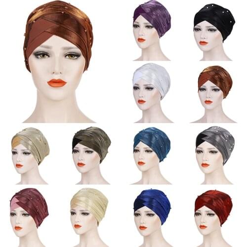 2020 New Women Muslim Hijab Beads Bonnet Turban Hat Inner Hijab Caps Female Cross Headband Headwrap Women Muslim Hijab Scarf