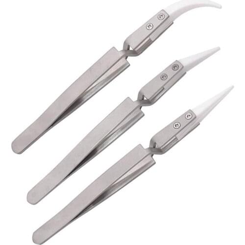 3pcs Precision Reverse Ceramic Stainless Steel Tweezers Conductive Anti Magnetic Pointed Curved Tweezers Set