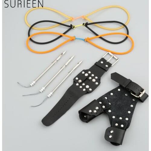 4PCS Right Hand Archery Arrow Shoot Fishing Slingshot Set Hunting Catapult Fishing Broadheads+Hand Protect+Wristband+Rubber Band