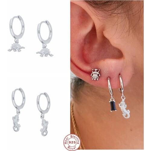 GS 925 Sterling Silver Crocodile Dinosaur Pendant Dangle Earrings Circle Piercing Pendiente Drop Earrings Animal Punk Jewels