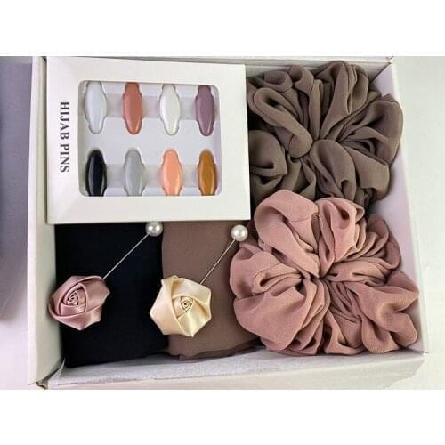 Scrunchies Brooch Pins And Bubble Chiffon Hijabs Set Wrap Solid Color Shawls Headband Muslim Headscarf Foulard Accessories