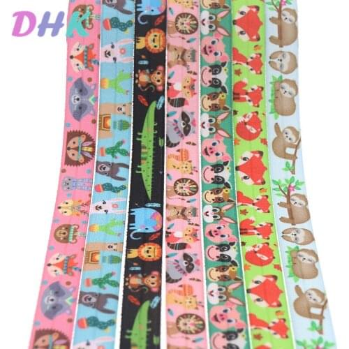 DHK 5/8'' 5yards animals fox sloth printed Fold Elastic FOE stretch ribbon hairbow headwear headband DIY OEM C1728