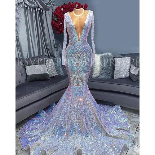 Long Prom Dresses 2021 Sheer O-neck Long Sleeve Sequin African Black Girl Mermaid Gala Prom Party Dress