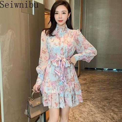 Lantern Sleeve Stand Collar Floral Ruffle Lace Up Sweet Chiffon Dress Fashion 2020 Women Casual Holiday Printed
