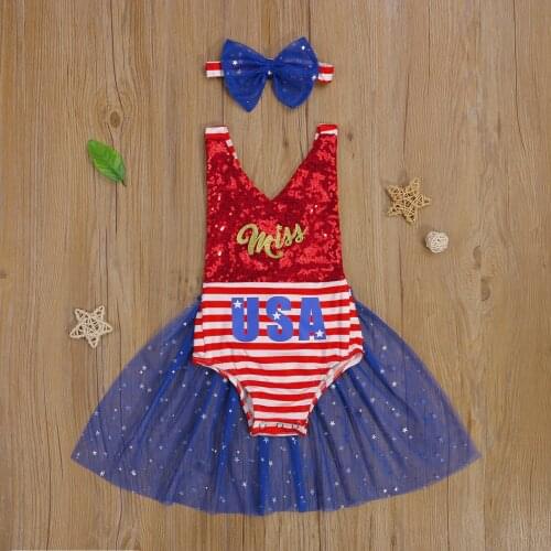 July 4 Baby Sleeveless Romper Bow Hairband Independence Day Mesh Stitching Decoration Summer Clothing
