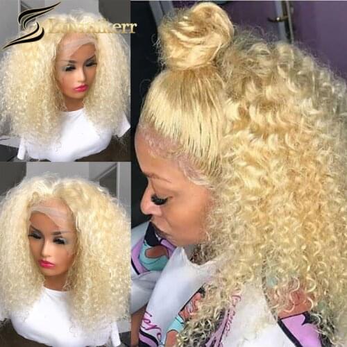 Short Kinky Curly Brazilian Bob Wigs Blonde No Glue 613 Hd Transparent Lace Frontal Remy 250 Density Lace Wig For Black Women