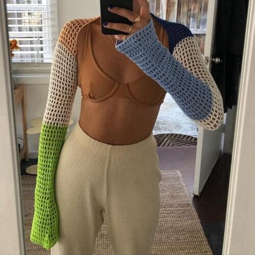 Sexy Crop Top Y2K Patchwork Crocheted Shawl Long Sleeves Mini Cover-ups Knitted Hollow Out T-shirt Women Fashion Streetwear